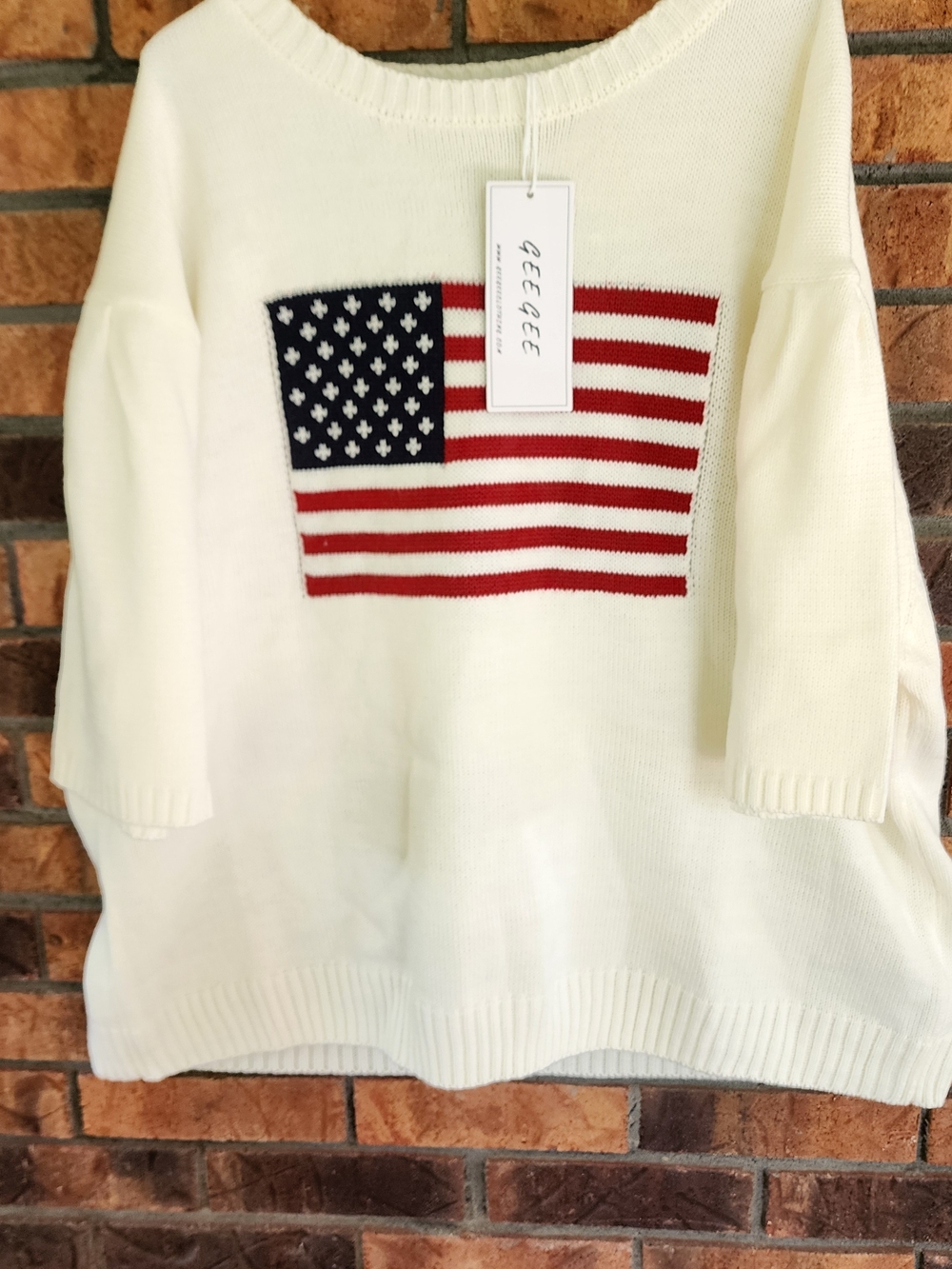 White Flag Crewneck Sweater with American Flag Short Sleeves